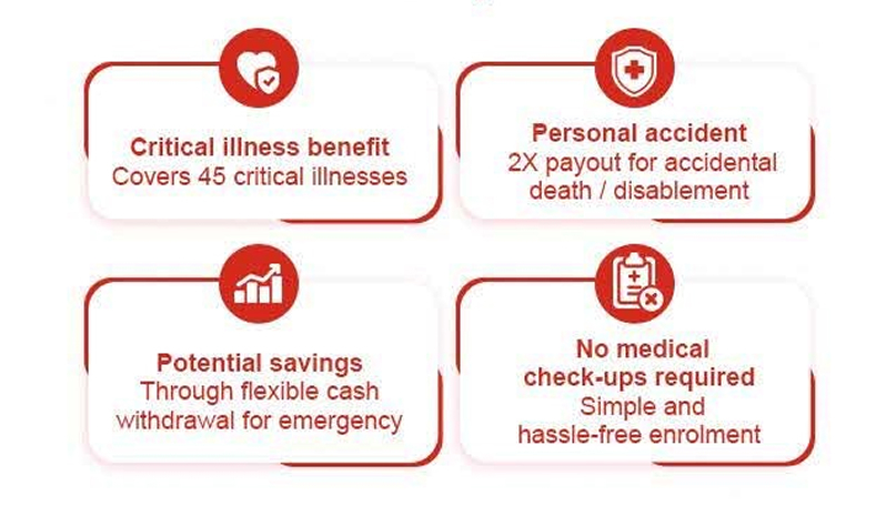 Critical illness benefit, personal accident coverage, emergency savings access, and no medical check-up required